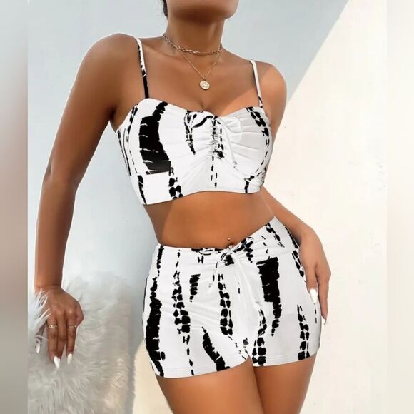 All Over Print Tie Front Boxer Short Bikini Swimsuit, Women's Swimwear sz large - Picture 1 of 15